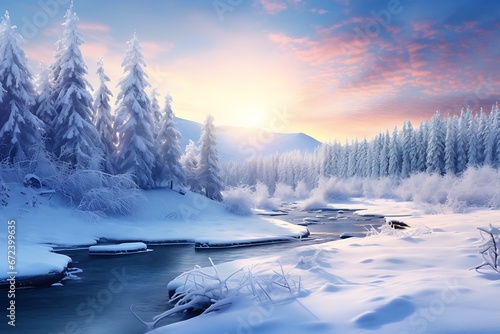 Winter Wonderland: Snowy Countryside at Sunset with trees covered with snow
