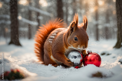 Red squirrel in the forest in winter with Christmas decorations © Victoria