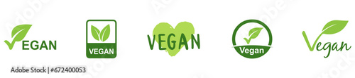 Vegan round icons set. Vegan food sign with leaves. Logo. Tag for cafe restaurants packaging design. Bio, Ecology, Organic Logos and Badges, Label. Vegan food diet icon, bio and healthy food. EPS 10 