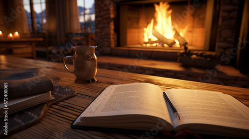 暖炉と本のある部屋