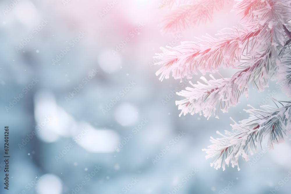 Fototapeta premium Beautiful winter nature background with snow covered fir tree branch blurry background with copy space