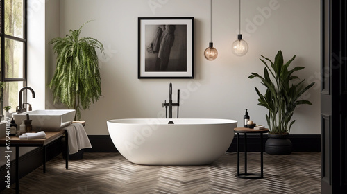 Clean white minimalistic Bathroom with a bathtub
