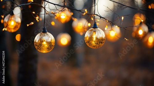 Luzes Decorativas de Cordas ao Ar Livre Penduradas em uma Árvore photo