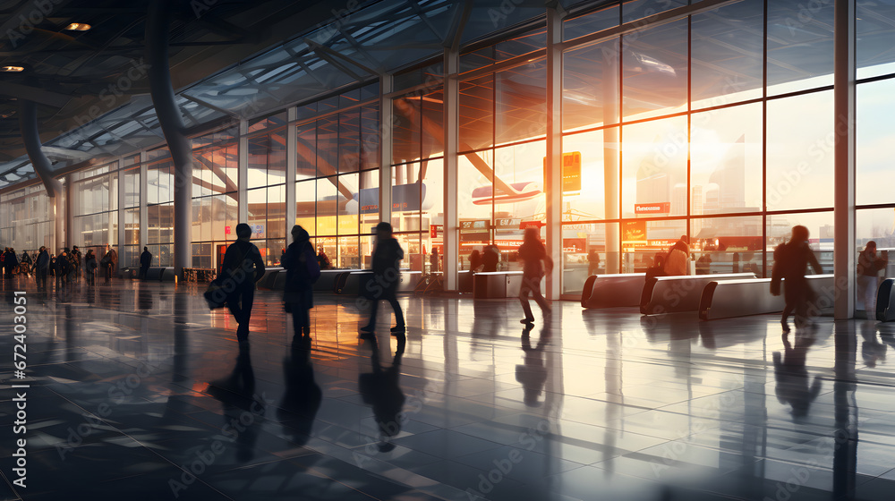 Hall of an airport with people around during sunset Hall of an airport with people around during sunset