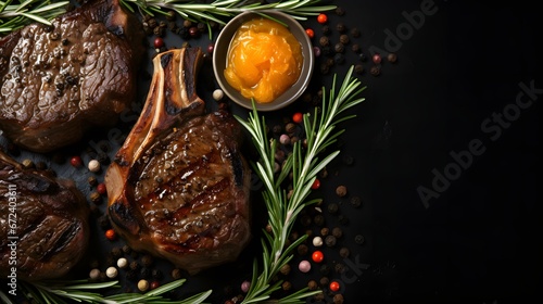 Bife de costela grelhado com alecrim e cebola marinada em uma mesa de pedra preta. photo