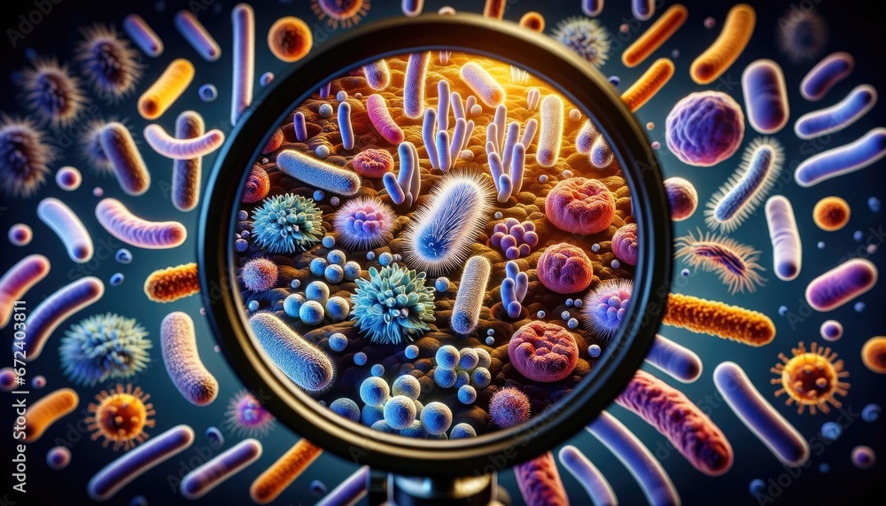 Diverse bacteria and microorganisms under the magnifying glass, highlighting their unique structures and colors against a dark background. Diverse bacteria and microorganisms under the magnifying glass, highlighting their unique structures and colors against a dark background.