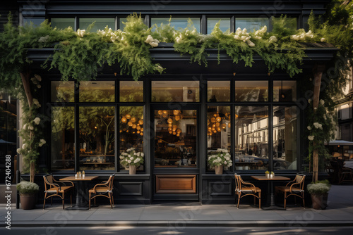 Elegant cafe facade with blooming flowers and inviting outdoor seating.