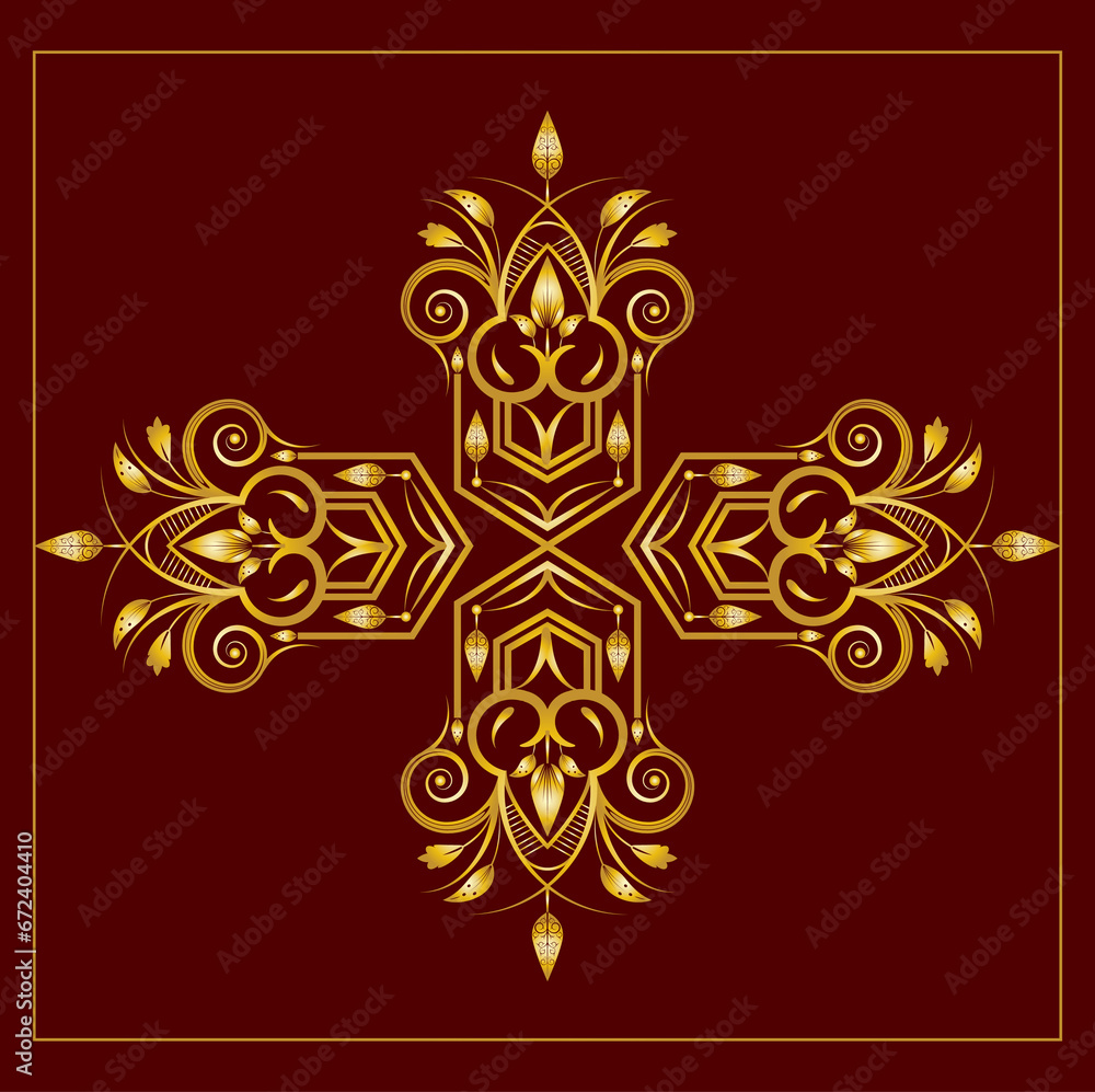 Golden ornamental flower background design vector on dark red