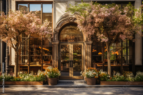 restaurant facade front view  ornate archway entrance  spring blooms