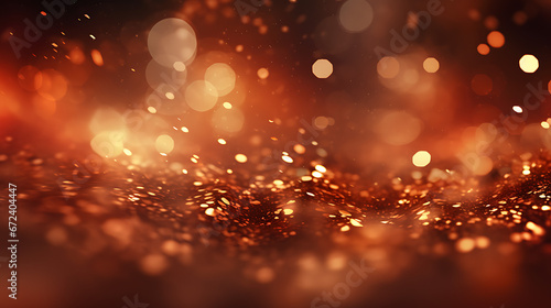 An abstract setting with fiery red and rose gold particles. Luminous firelight shine particles bokeh on a burnt orange background. Rose gold foil texture created with AI technology