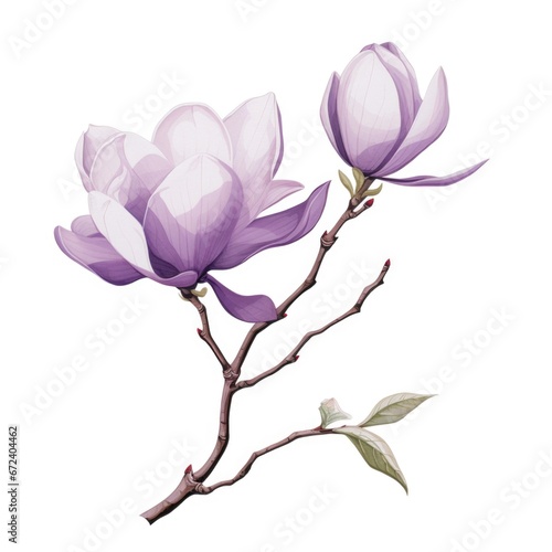 A painting of two purple flowers on a branch. Magnolia flowers.