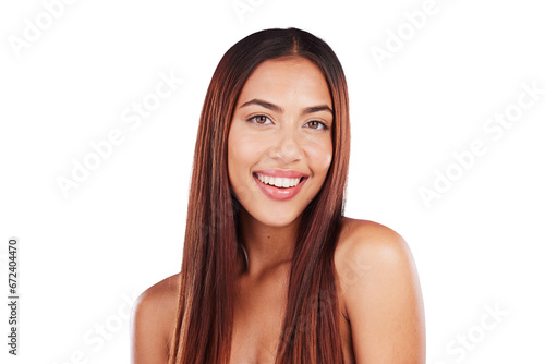 Happy woman, portrait and hair isolated on a transparent PNG background in healthy glow, shine or care. Young gen z model or person with beauty, face smile in natural growth, color or salon treatment © Krunal/peopleimages.com