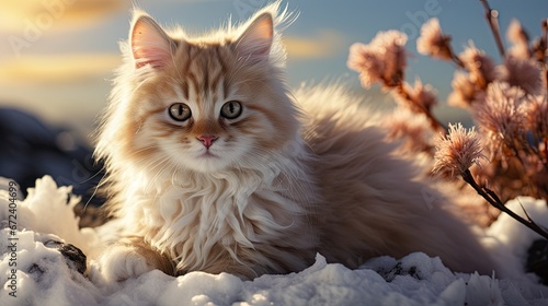  a fluffy cat sitting in the snow next to a plant with pink flowers in the foreground and a blue sky in the background. generative ai