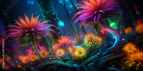 A technicolor garden with neon flower, There is a picture of flower that in the middle field Generative Ai