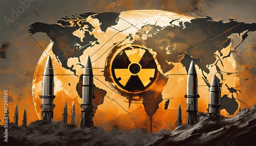 World map with all continents. Radioactive hazard symbol. Planetary catastrophe tone. Atomic war with threatening missiles.