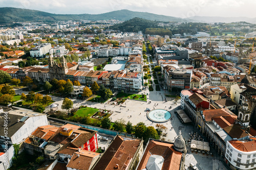 Aerial drone view of historic city of Braga in northern Portugal on a sunny day