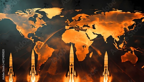 World map with all continents. Planetary catastrophe concept. Atomic war with threatening missiles. Planet Earth in an overheating and rusting atmosphere. Orange colour.