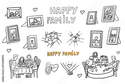 Set of happy family, family having dinner, framed family photo, picture frames with family portraits, framed sketches of family members. Hand drawn. Doodle style