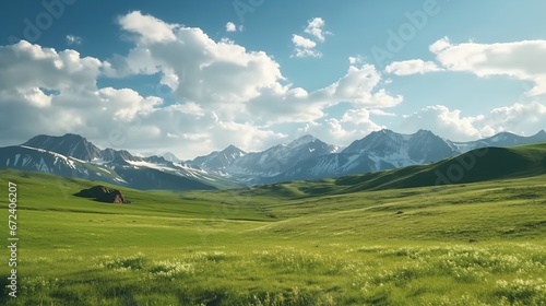 Beautiful natural landscape with green meadows and clear blue sky © akhmad
