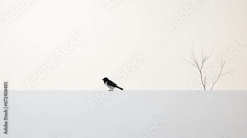  a small black bird sitting on top of a snow covered ground next to a tree with no leaves on it.  generative ai