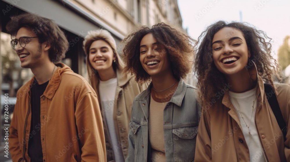 Group of young people are smiling while walking down the street. Group of young people are smiling while walking down the street.