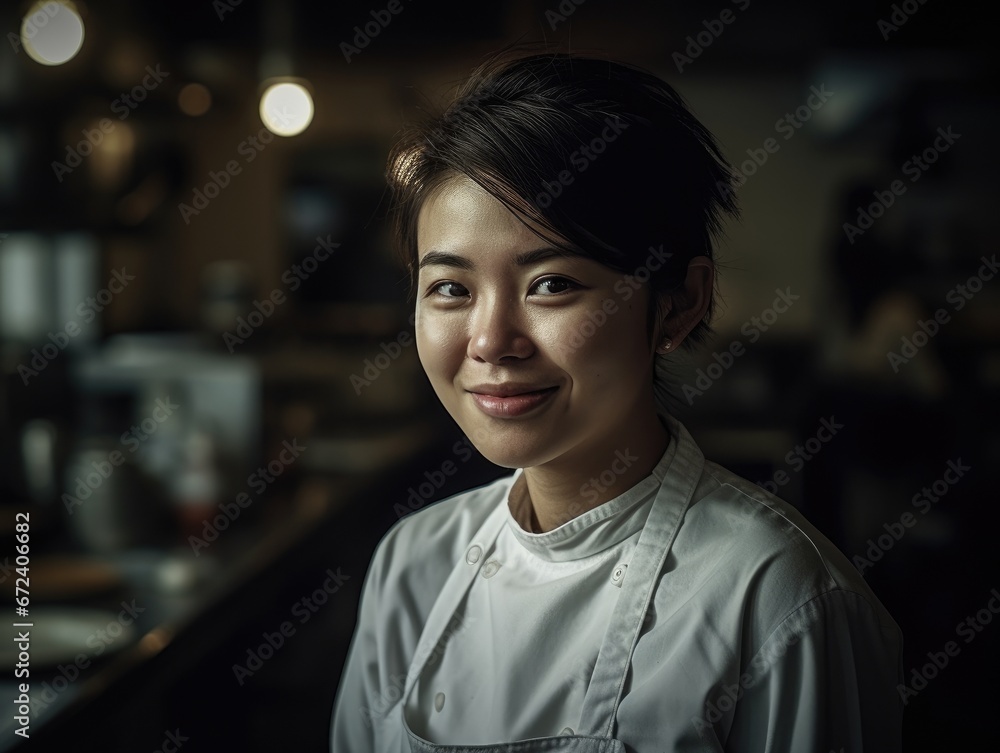 Fototapeta premium Young asian woman in a white chef's apron.