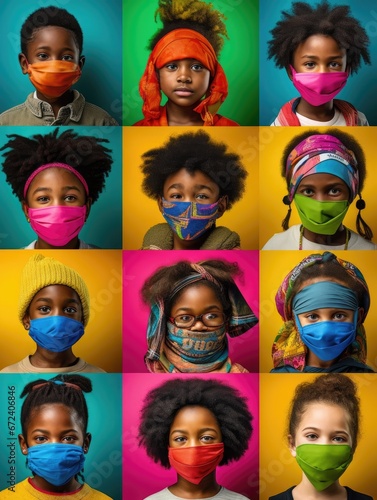 Collage of children wearing face masks.