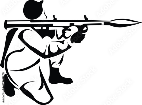 Cartoon Black and White Isolated Illustration Vector Of A Soldier Holding an RPG Rocket