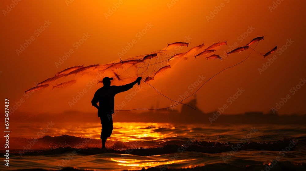 Silhueta de Pescador Pescando em um Lago ao Nascer do Sol