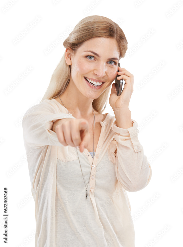 Woman, phone call and happy in portrait to point at you, choice and isolated by transparent png background. Girl, smartphone and smile for networking, negotiation and deal for recruitment decision Woman, phone call and happy in portrait to point at you, choice and isolated by transparent png background. Girl, smartphone and smile for networking, negotiation and deal for recruitment decision