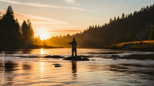 Silhueta de Pescador Pescando em um Lago ao Nascer do Sol