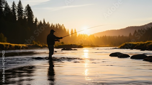 Silhueta de Pescador Pescando em um Lago ao Nascer do Sol