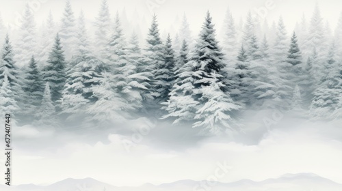  a black and white photo of a snow covered forest with evergreen trees in the foreground and a foggy sky in the background. generative ai