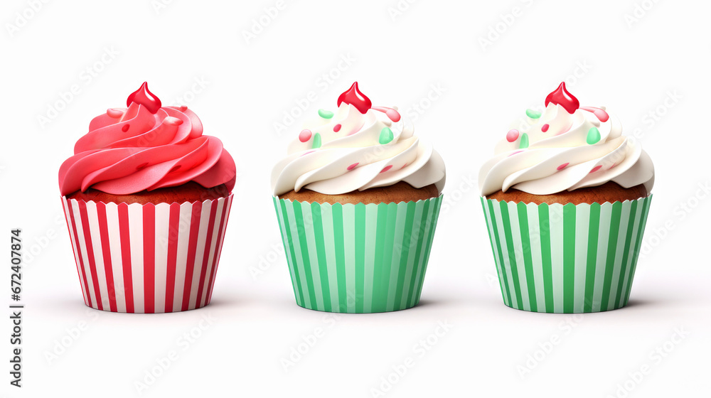 Three cupcakes with white frosting and a cherry on top. Clipart on white background.