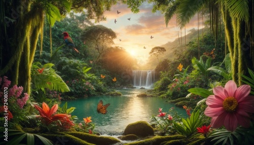 Photo of a lush rainforest at sunset with exotic plants and vibrant flowers in the foreground, colorful birds and butterflies hidden in the treetops, and a small waterfall in the background flowing in