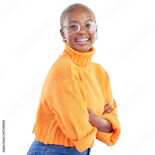 Happy, smile and portrait of black woman with glasses for vision, eye care and optometry. Happiness, excited and African model with crossed arms for confidence isolated by transparent png background.