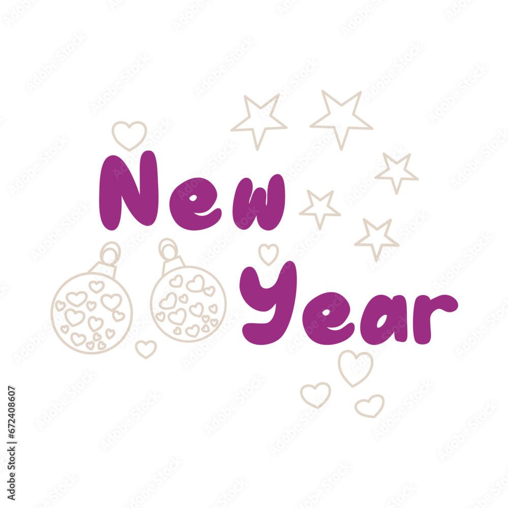 Handwriting lettering on retro style for card, t-shirts, posters, etc. Purple, beige. New year on square shape. Balls, stars. Vector design banner.