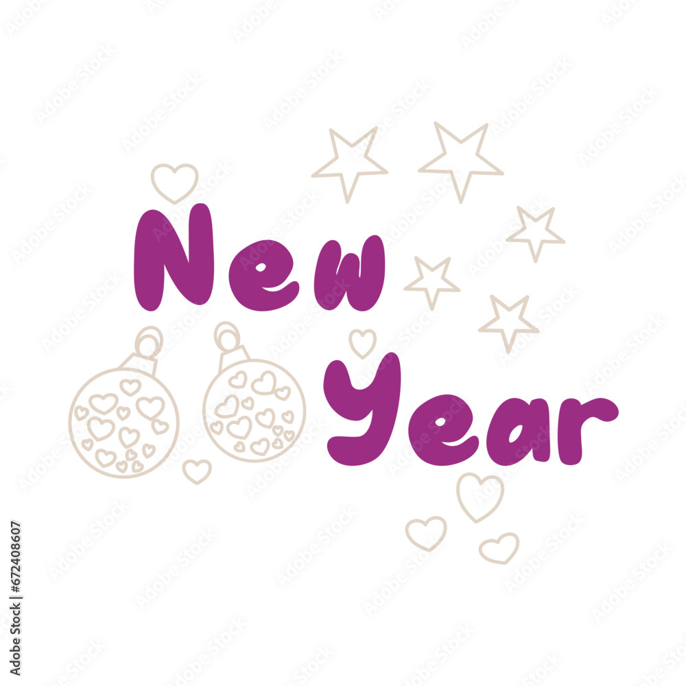 Handwriting lettering on retro style for card, t-shirts, posters, etc. Purple, beige. New year on square shape. Balls, stars. Vector design banner. Handwriting lettering on retro style for card, t-shirts, posters, etc. Purple, beige. New year on square shape. Balls, stars. Vector design banner.