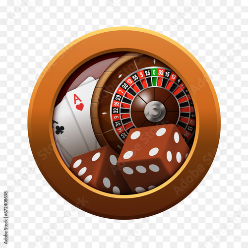 Casino concept. Brown frame with playing cards and roulette inside. Vector clipart.