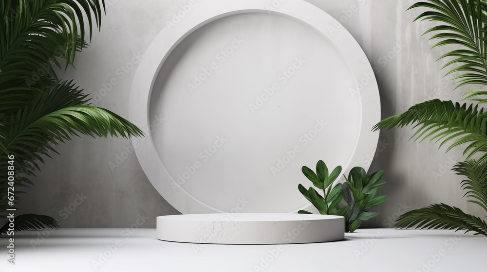 abstract minimalist white 3D room with realistic white podium for product demonstration, empty showcase for presentation, realistic white cylinder, pedestal, stage, tropical leaves decoration abstract minimalist white 3D room with realistic white podium for product demonstration, empty showcase for presentation, realistic white cylinder, pedestal, stage, tropical leaves decoration