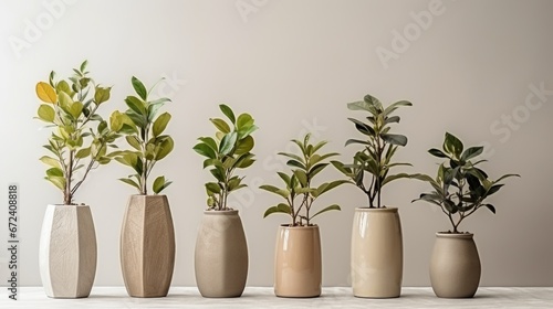 A group of four vases with plants in them.