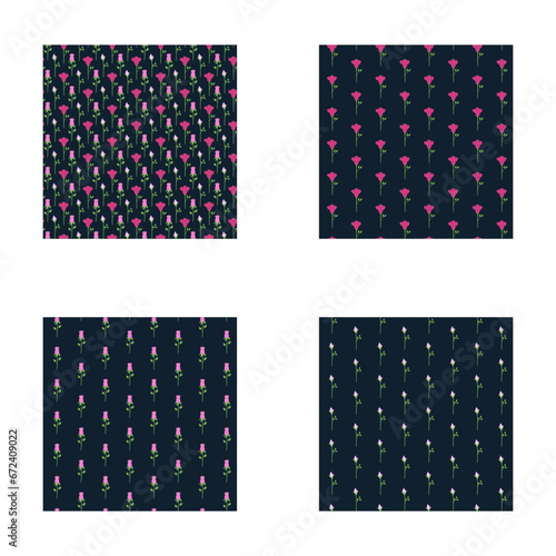 Floral seamless patterns cute bundle. Set with pink flowers on a dark blue background. Can be used for fabric, textile, clothing, wallpapers or scrap booking. Vector illustration.