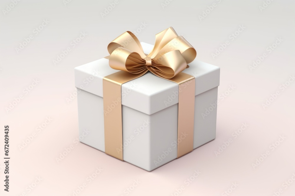 A white gift box with a gold bow. A white gift box with a gold bow.