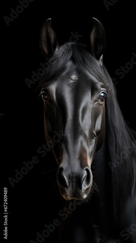 Close-up portrait of a black horse isolated on black background. Minimalistic style. AI generated content.