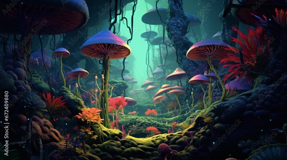 Obraz premium Beautiful kingdom glowing mushroom macro photography image AI generated art