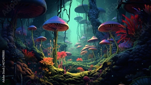 Beautiful kingdom glowing mushroom macro photography image AI generated art © Biplob