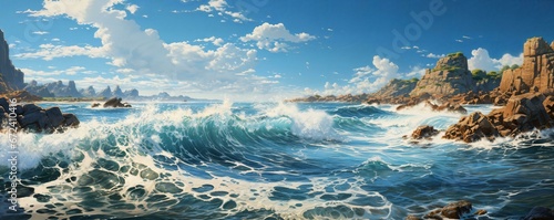 AI generated illustration of a landscape painting of a rocky coastline with rolling waves