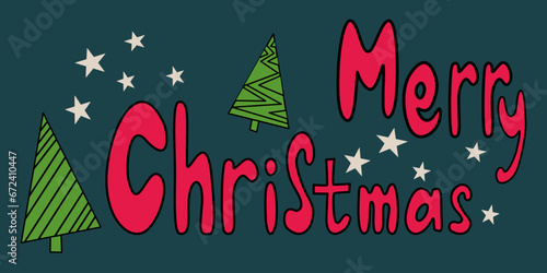 Handwriting lettering on retro style for card, t-shirts, posters, etc. Red, green, beige, black. Merry Christmas on square shape. Vector design banner.