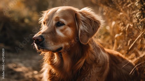 Golden retriever dog is sitting in the grass.