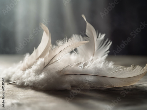 White feathers on a table with a light shining on them.
